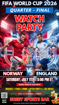 Norway vs England | FIFA World Cup 2026 Quarter-Finals Watch Party Instagram Story template