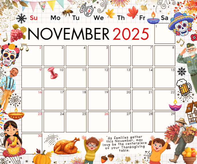 November 2025 Calendar Template Persegi Panjang Sedang