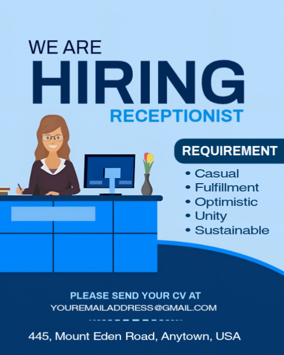 Now Hiring Receptionist Flyer | Front Desk Receptionist Job Opening ...