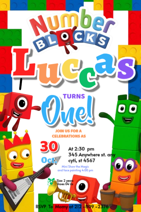 Number blocks invitation Brithday party temple flayer editablet ...
