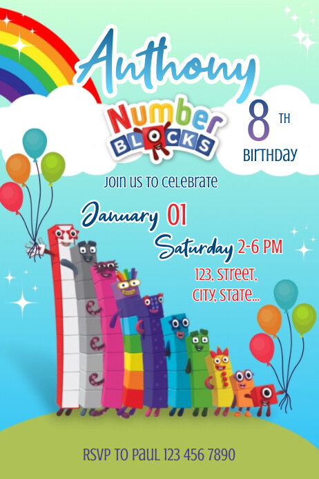 Pinterest Numberal Numberblocks invitation template birthday | PosterMyWall