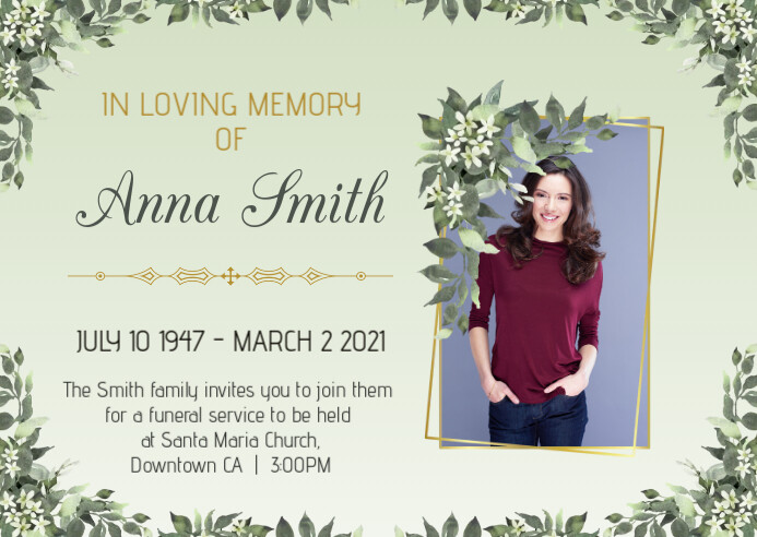 Obituary Funeral Template Postcard