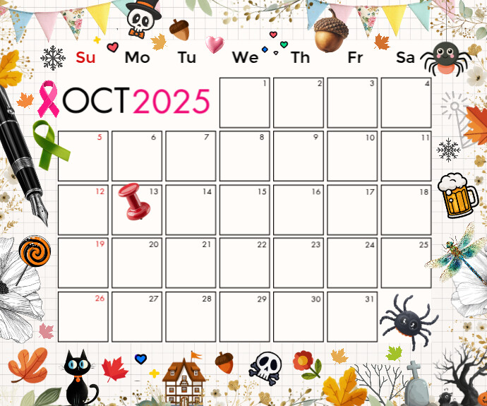 October Calendar 2025 Template Średni prostokąt