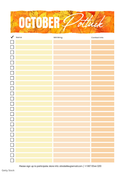 Up List Example Copy of October Potluck Sign Up List template A4 | PosterMyWall