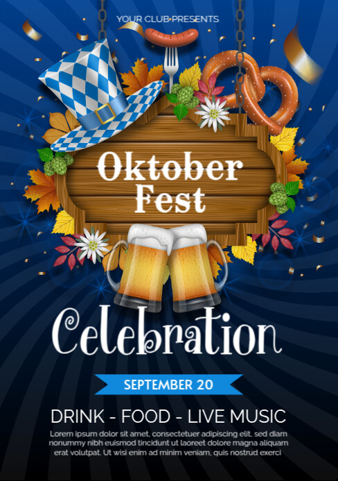 Oktoberfest poster with wooden signboard, beer mugs and hat Template ...