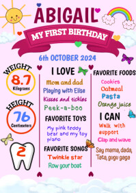 One year old baby Milestones board template A2
