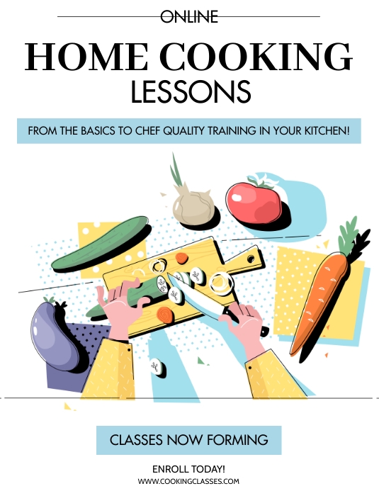 Basic Cooking Lesson Flyer ONLINE COOKING LESSONS Template | PosterMyWall