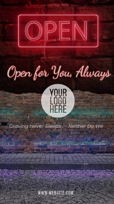 Mob Sign Design Plantilla de open sign neon and bricks wall bg vid mob ad | PosterMyWall