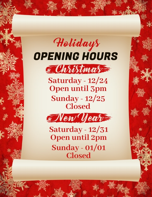 opening hours, holidays, event Рекламная листовка (US Letter) template