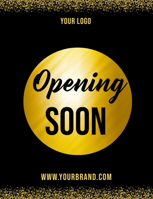 Black and gold opening announcement poster with circular gold centerpiece and bold typography