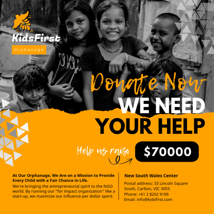 Orange & Black Kids Orphanage Charity Post Template | PosterMyWall