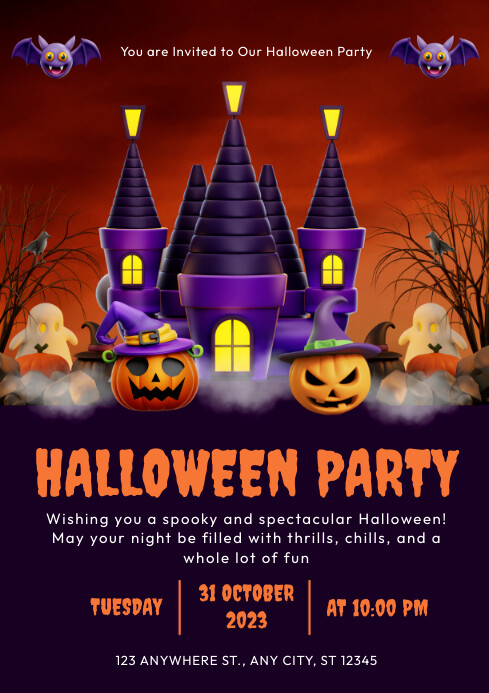 Orange & Purple Simple Halloween Party Flyer A4 template