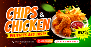 Orange 3d Chips & Chicken Fried Fries Fast Food Takeaway Restaurant Banner Printable Digital Signage Gambar Bersama Facebook template