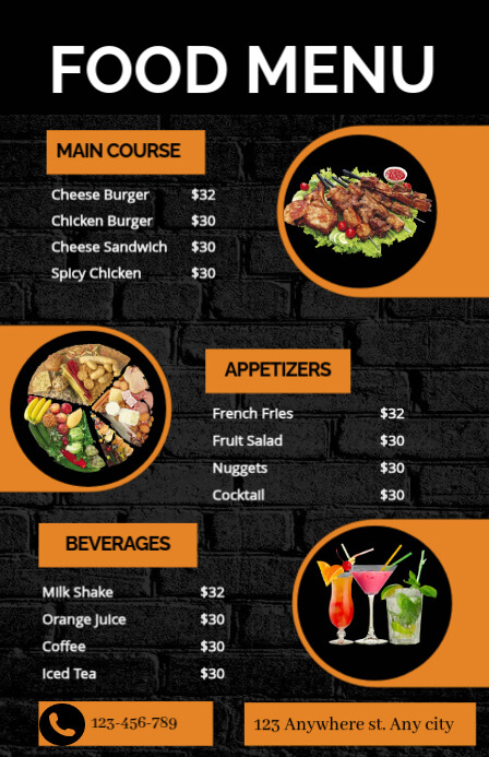 Orange and black geometric restaurant menu Template | PosterMyWall