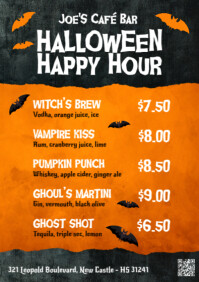 Orange and Black Happy Hour Halloween Cocktails Drinks and Beverages Menu A2 template