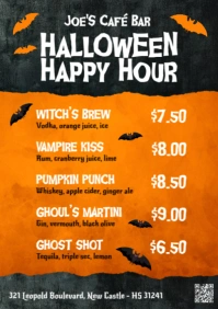 Orange and Black Happy Hour Halloween Cocktails Drinks and Beverages Menu A2 template