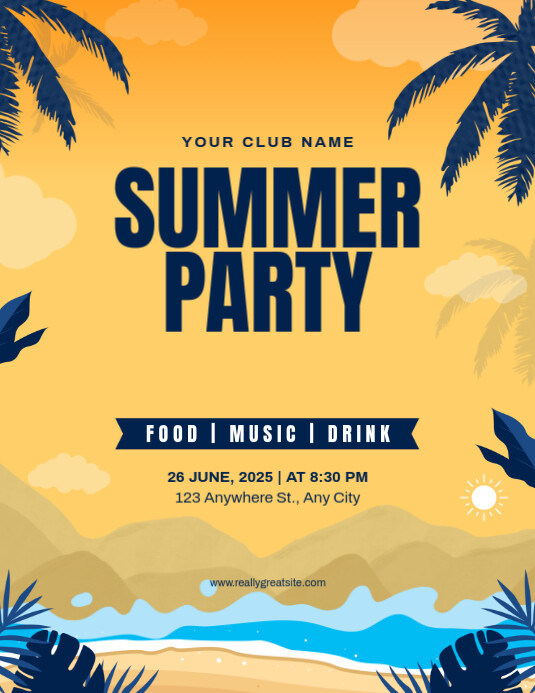 Orange and Blue Illustrative Summer Party Flyer Folheto (US Letter) template