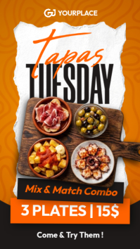 Orange and White Tapas Tuesday Night Instagram Story - Spanish Appetizer Combo & Drink Promo template