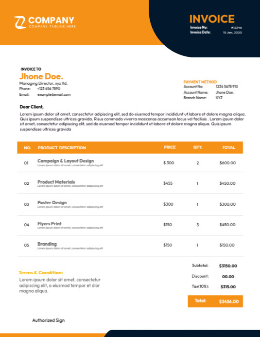 Copy of Orange Design Invoice Template | PosterMyWall
