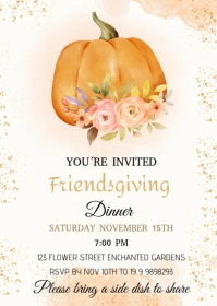 Orange Floral Pumpkin Friendsgiving Party Invitation A6 template