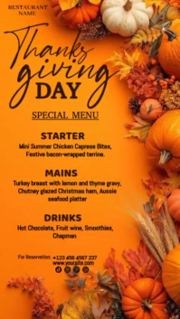 Orange Floral Thanksgiving Day Dinner Menu Instagram Reel template