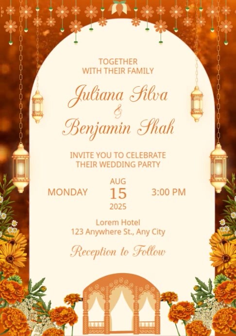 Orange Floral Wedding Invitation A4 template