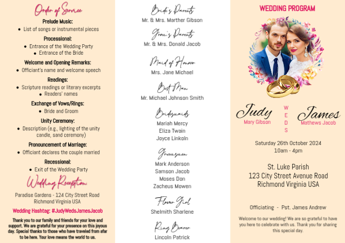 Orange Floral Wedding Program A4 Template | PosterMyWall