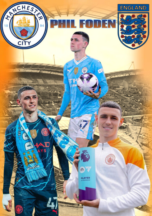 Orange Futuristic Phil Foden Manchester City A4 template