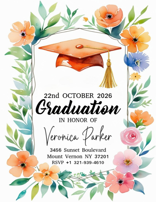 Copy of orange graduation cap floral graduation invitation | PosterMyWall