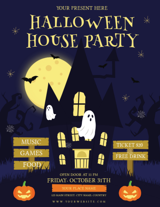 Orange Halloween Party Illustrative Blue Flyer (us Letter) Template ...