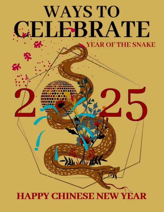 Orange  Happy Chinese New Year,ways To Celebrate Snake Year Video Flyer (us Letter) template