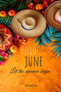 Orange Hello June Summer Flyer | Tropical Fiesta Hat & Fruit Theme Poster" Poster template