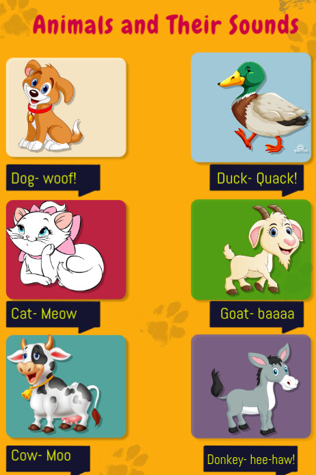 Orange Illustrative Animal And Their Sounds Poster Template | PosterMyWall