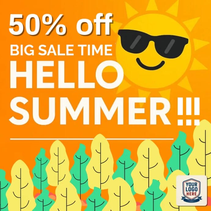 Orange Illustrative Hello Summer - Big Sale Time - 50% (adjustable %) Off Video Instagram Post template
