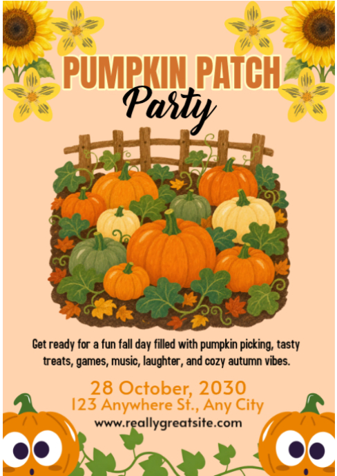 Orange Illustrative Pumpkin Patch Party A6 Template | PosterMyWall