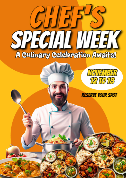 Orange Joyful Chef's Special Week A4 Template | PosterMyWall