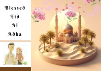 Orange Joyful Eid Al Adha, Muslim, Islam, Islamic, Ramadan, Musulmanes, Postcard, Greetings Postcard Carte postale template