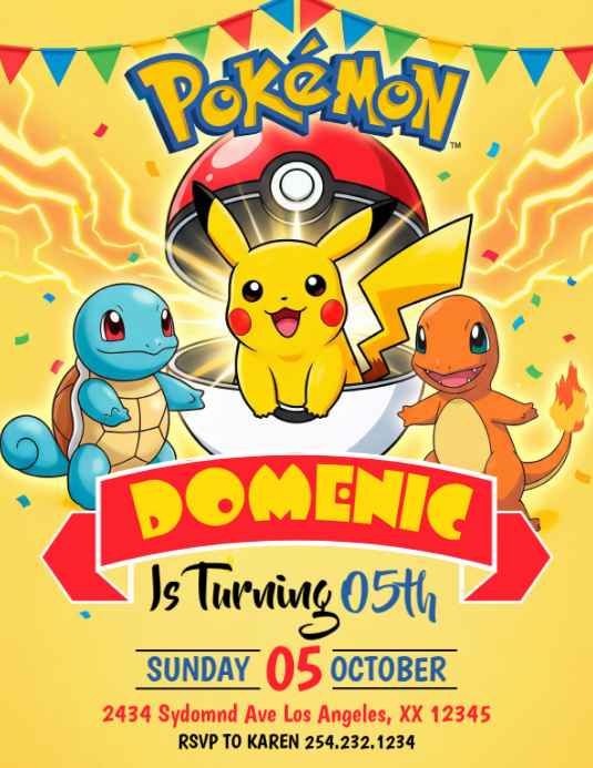 Plantilla de Orange Joyful Pokemon Birthday Party Flyer | PosterMyWall