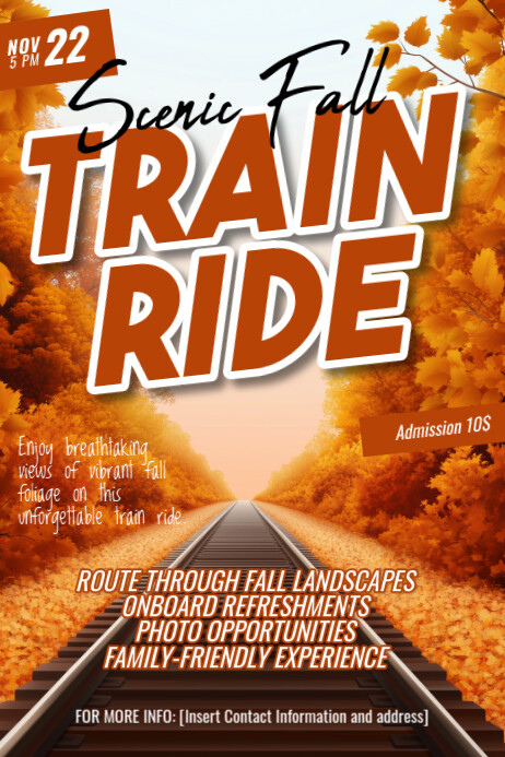 Orange Joyful Scenic Fall Train Ride Poster Template | PosterMyWall