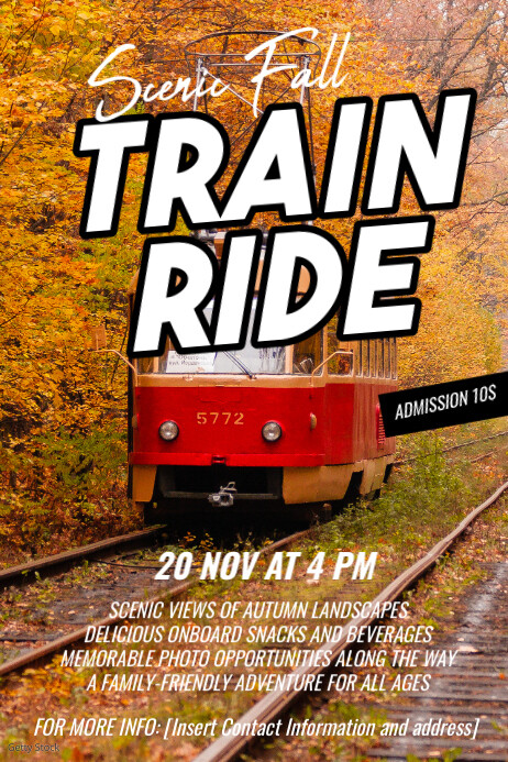 Orange Joyful Scenic Fall Train Ride Poster Template | PosterMyWall