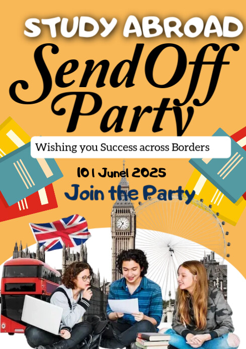 Orange Joyful Study Abroad Send Off Party A2 template