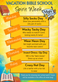 Orange Joyful Vacation Bible School Spirit Week A6 template