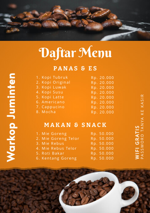 Orange List-based Menu Warung Kopi A4 template