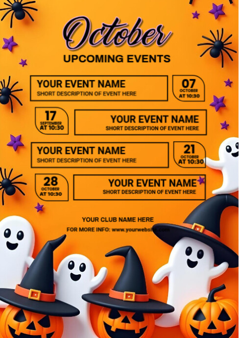 Orange List-based October Upcoming Events Calendar  A6 template