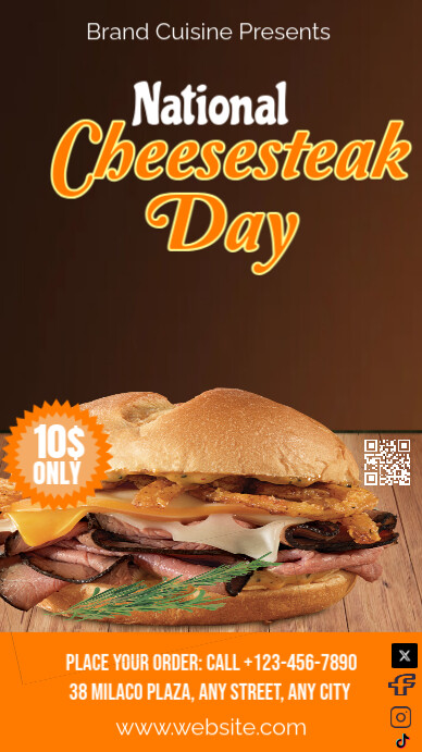 Orange Maximalist Brown national cheesesteak day template Instagram Story