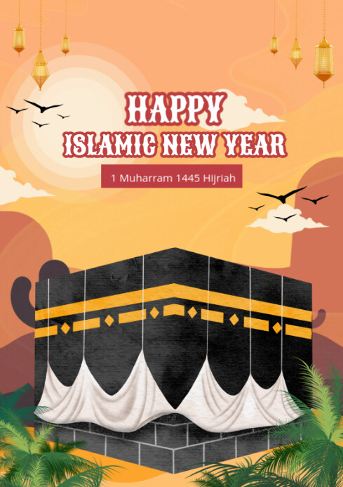 Orange Maximalist Colorful Playful Illustrative Modern Happy Islamic New Year Poster A2 template