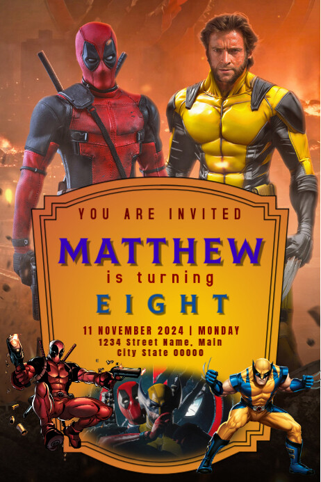 Plantilla de Orange Maximalist Deadpool And Wolverine Poster | PosterMyWall