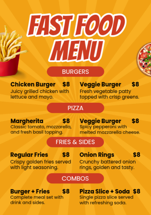 Orange Maximalist Fast Food Menu Card A4 Template | PosterMyWall