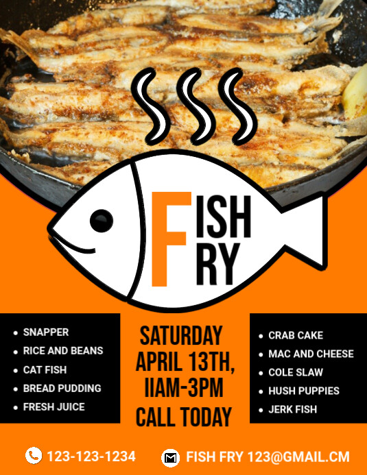 Orange maximalist fish fry flyer (us letter) Template | PosterMyWall