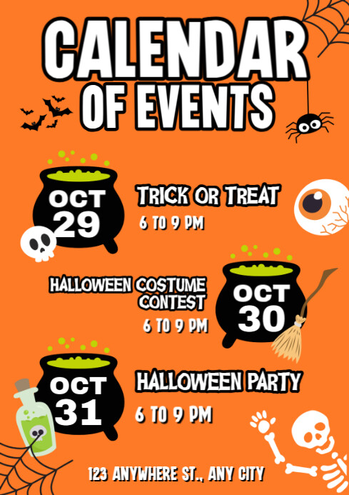 Orange Maximalist Halloween Calendar Of Events A4 Template | PosterMyWall